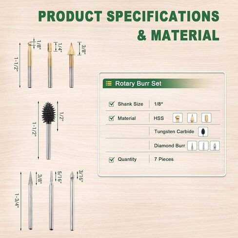 7PCS Wood Carving Burr Set- Rotary Burr Bits for Wood, Woodworking Engraving Kit with Tungsten Carbide Diamond & HSS Rotary Tool Bits, 1/8" Shank - Fit Dremel & Similar Tools in Kuwait