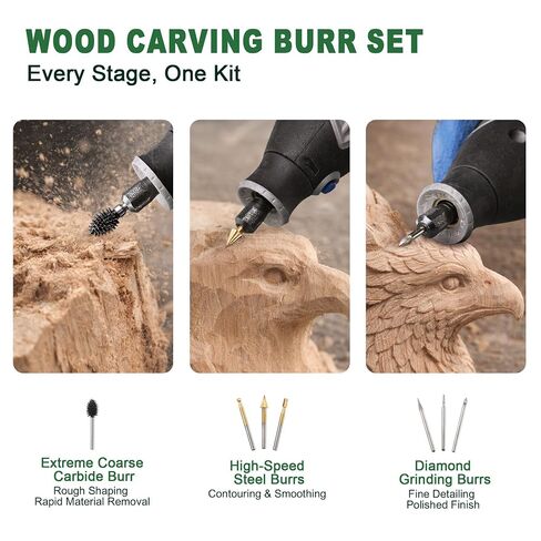 7PCS Wood Carving Burr Set- Rotary Burr Bits for Wood, Woodworking Engraving Kit with Tungsten Carbide Diamond & HSS Rotary Tool Bits, 1/8" Shank - Fit Dremel & Similar Tools in Kuwait