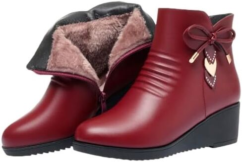 Women's Black Wedge Heel Ankle Booties Soft Leather Platform Side Zipper Sparkling Rhinestones Winter Warm Fur Lined Thickening Snow Boot in Kuwait