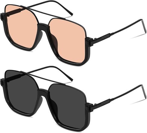 Square Oversized Aviator Sunglasses for Women Men 70s Retro Double Bridge Sun Glasses Fashion UV Protection Shades in Saudi Arabia