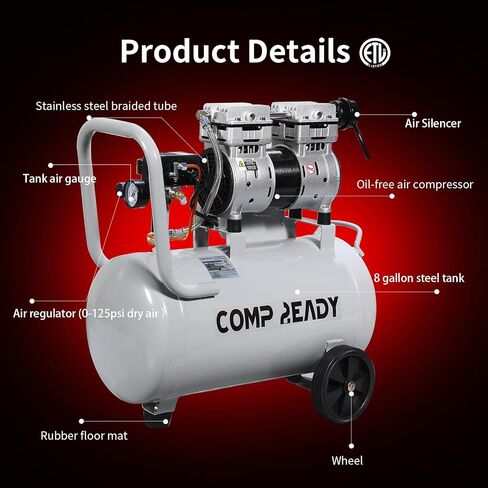 6 Gallon Portable Air Compressor 1HP 2.5 CFM@90PSI 60dB Ultra Quiet Oil Free Air Compressor Ideal for Tire Inflation Pneumatic Tool Spray Painting in Kuwait