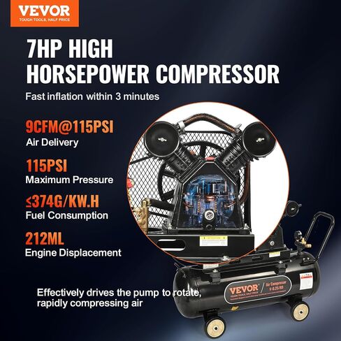 VEVOR 7HP Gas Powered Air Compressor, 21 Gallon Horizontal Air Compressor Tank with Wheels, 9CFM@115PSI Gas Driven Piston Pump Air Compressed System for Workshop Tire Inflation, Spraying, Nailing in Kuwait