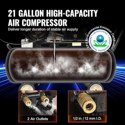 VEVOR 7HP Gas Powered Air Compressor, 21 Gallon Horizontal Air Compressor Tank with Wheels, 9CFM@115PSI Gas Driven Piston Pump Air Compressed System for Workshop Tire Inflation, Spraying, Nailing in Kuwait