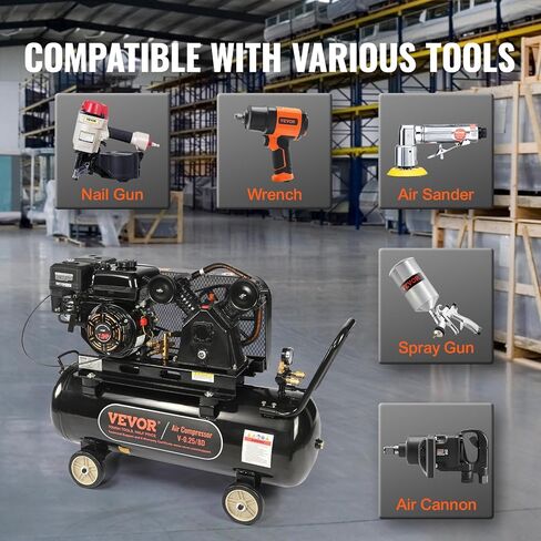 VEVOR 7HP Gas Powered Air Compressor, 21 Gallon Horizontal Air Compressor Tank with Wheels, 9CFM@115PSI Gas Driven Piston Pump Air Compressed System for Workshop Tire Inflation, Spraying, Nailing in Kuwait