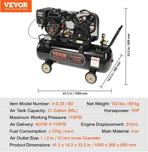 VEVOR 7HP Gas Powered Air Compressor, 21 Gallon Horizontal Air Compressor Tank with Wheels, 9CFM@115PSI Gas Driven Piston Pump Air Compressed System for Workshop Tire Inflation, Spraying, Nailing in Kuwait