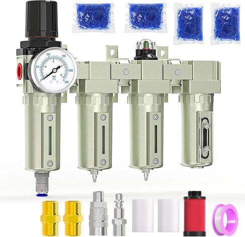 MEANLIN 1/2" NPT 4-Stage Air Dryer for Compressor, Dual Filter, Auto Drain | Heavy-Duty Industrial Air Filter with Air Regulator, Coalescing Filter and Desiccant Dryer For Plasma Cutter and Paint Spray in Kuwait