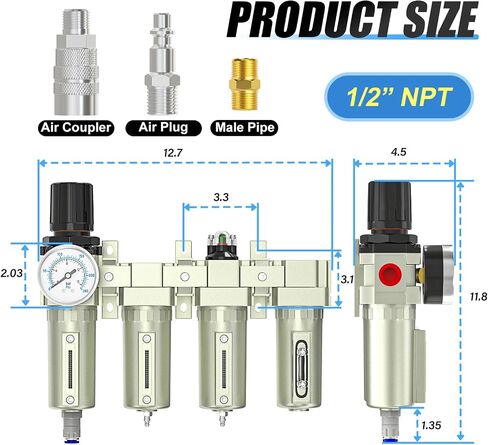 MEANLIN 1/2" NPT 4-Stage Air Dryer for Compressor, Dual Filter, Auto Drain | Heavy-Duty Industrial Air Filter with Air Regulator, Coalescing Filter and Desiccant Dryer For Plasma Cutter and Paint Spray in Kuwait