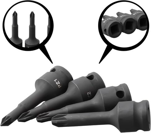 3/8 Inch Drive Socket Wrench Adapter Head for PZ1, for PZ2, PZ3, PZ4 for Pozidriv Bits - 4-Pack, Chrome Steel in Kuwait