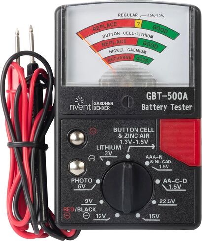 Gardner Bender GBT-500A Analog 1.5 V Button Cell/22.5 Photo/AA/AAA/12 V/9 V/Lantern Cells & More, Leads Battery Tester,14 Battery Range, Black in Saudi Arabia