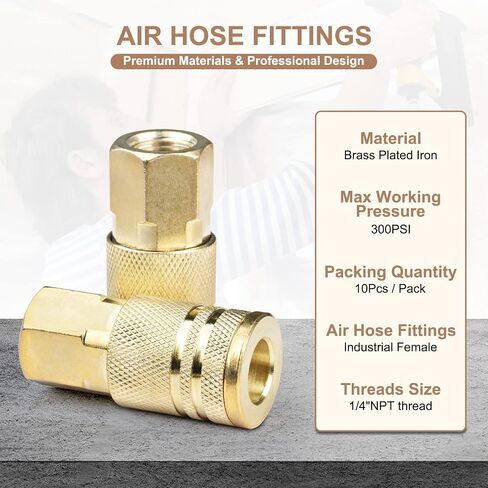 10 Pieces Female Air Coupler Set, 1/4-Inch NPT Thread Quick Connect, Industrial M Style Air Coupler with Brass Finish for Quickly and Safely Disconnect Air Hose in Kuwait