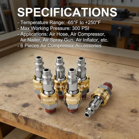 6-Piece 1/4" Swivel Air Plugs, Featuring 360° Swivel Function and Premium Gold Finish on Steel, 1/4-Inch NPT Male Threads (18 TPI) Air Hose Fittings in Kuwait