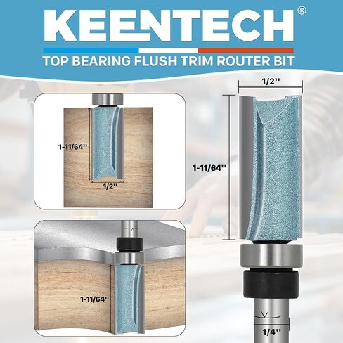 KEENTECH Flush Trim Router Bit, 1/4" Shank x 1/2" Dia x 1-11/64" Depth | 10X Lifespan, Pattern Bit, Top Bearing, Industrial Grade, Tungsten Carbide Tipped, Woodworking in Kuwait