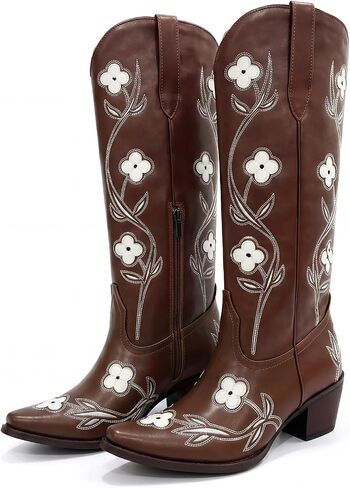 Etebella Women’s Knee High Cowboy Boots Embroidery Chunky Heel Cowgirl Boot | Floral Embroidery Long Boot, Snip Toe Western Shoes, Side Zipper, Block Heel Tall Boots,Country, Concert, Daily Wear in Kuwait