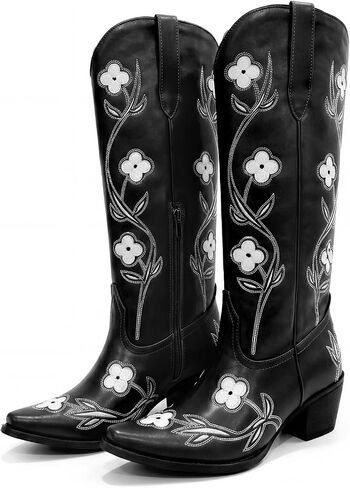 Etebella Women’s Knee High Cowboy Boots Embroidery Chunky Heel Cowgirl Boot | Floral Embroidery Long Boot, Snip Toe Western Shoes, Side Zipper, Block Heel Tall Boots,Country, Concert, Daily Wear in Kuwait
