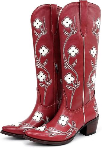 Etebella Women’s Knee High Cowboy Boots Embroidery Chunky Heel Cowgirl Boot | Floral Embroidery Long Boot, Snip Toe Western Shoes, Side Zipper, Block Heel Tall Boots,Country, Concert, Daily Wear in Kuwait