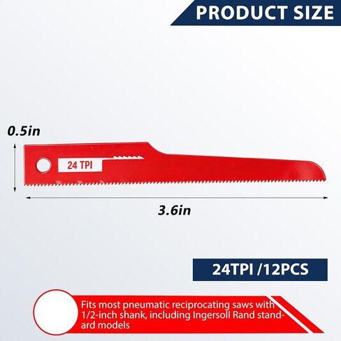 12 Pcs P4EV-6 Air Saw Blades, 4" 24 TPI, 1/2" Shank for Ingersoll Rand | Premium Bimetal Material, Vibration Resistant & Anti-Fracture, Versatile Multi-Material Cutting, Stable Non-Slip Installation in Kuwait