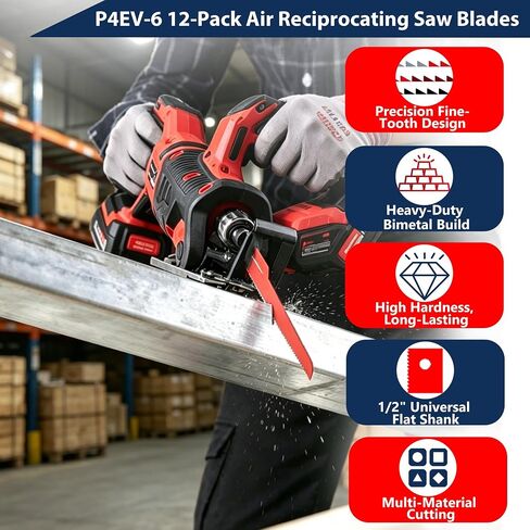 12 Pcs P4EV-6 Air Saw Blades, 4" 24 TPI, 1/2" Shank for Ingersoll Rand | Premium Bimetal Material, Vibration Resistant & Anti-Fracture, Versatile Multi-Material Cutting, Stable Non-Slip Installation in Kuwait