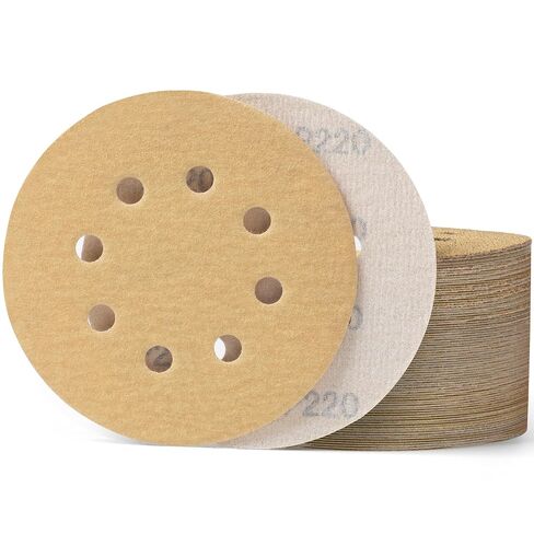 S SATC 100PCS 5 Inch Sanding Discs 60/80/120/150/220 Grits Gold Sanding Discs Hook and Loop 8 Holes Sandpaper Orbital Sander in Kuwait