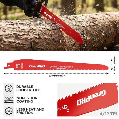 GRENPRO 26Pcs 9-Inch Reciprocating Saw Blades | 6/12 TPI Bi-Metal Sawzall Blades for Wood Nail-Embedded Wood Cutting, Garden Pruning & Tree Trimming Faster Cutting in Kuwait
