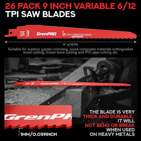 GRENPRO 26Pcs 9-Inch Reciprocating Saw Blades | 6/12 TPI Bi-Metal Sawzall Blades for Wood Nail-Embedded Wood Cutting, Garden Pruning & Tree Trimming Faster Cutting in Kuwait