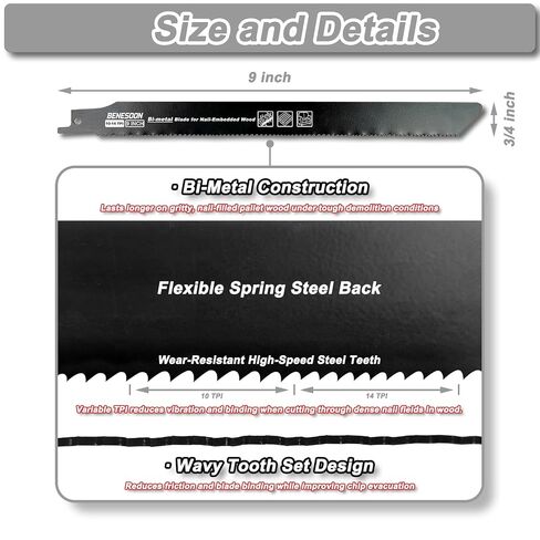 10-Piece Reciprocating Saw Blades Set for Pallet Dismantling | Bi-Metal, 9 inch 10/14 TPI, for Nail-Embedded Wood and Soft Metal Cutting, with Storage Case in Kuwait