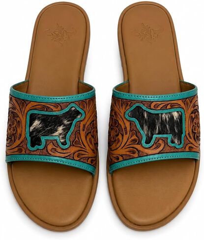 Western Slide Sandals for Women, Tan Slip On Flat Sandals with Turquoise Trim, Animal Patch, Tooled Floral Strap, Cushioned Footbed, Boho Open Toe Summer Slides in Kuwait