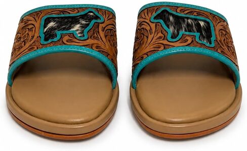 Western Slide Sandals for Women, Tan Slip On Flat Sandals with Turquoise Trim, Animal Patch, Tooled Floral Strap, Cushioned Footbed, Boho Open Toe Summer Slides in Kuwait