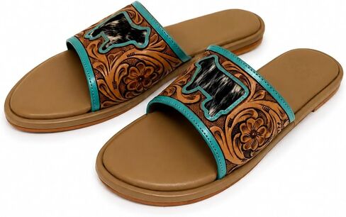 Western Slide Sandals for Women, Tan Slip On Flat Sandals with Turquoise Trim, Animal Patch, Tooled Floral Strap, Cushioned Footbed, Boho Open Toe Summer Slides in Kuwait