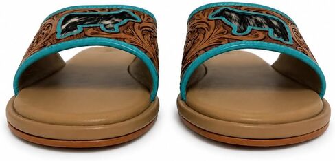 Western Slide Sandals for Women, Tan Slip On Flat Sandals with Turquoise Trim, Animal Patch, Tooled Floral Strap, Cushioned Footbed, Boho Open Toe Summer Slides in Kuwait