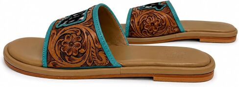 Western Slide Sandals for Women, Tan Slip On Flat Sandals with Turquoise Trim, Animal Patch, Tooled Floral Strap, Cushioned Footbed, Boho Open Toe Summer Slides in Kuwait