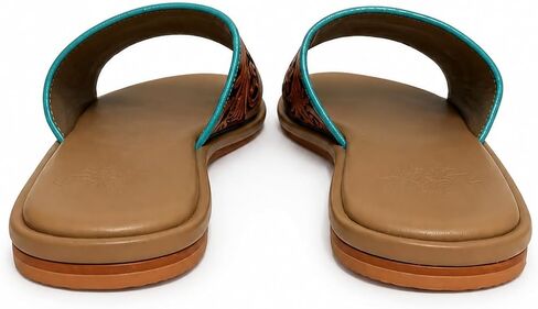 Western Slide Sandals for Women, Tan Slip On Flat Sandals with Turquoise Trim, Animal Patch, Tooled Floral Strap, Cushioned Footbed, Boho Open Toe Summer Slides in Kuwait