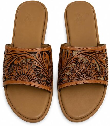 Western Hand Tooled Slide Sandals for Women, Tan Flat Slip On Sandals with Tooled Floral Strap, Cushioned Footbed, Boho Summer Sandals, Casual Open Toe Comfort Slides in Kuwait