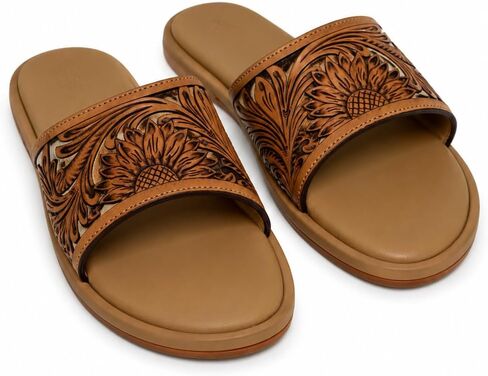 Western Hand Tooled Slide Sandals for Women, Tan Flat Slip On Sandals with Tooled Floral Strap, Cushioned Footbed, Boho Summer Sandals, Casual Open Toe Comfort Slides in Kuwait