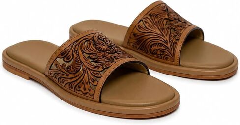 Western Hand Tooled Slide Sandals for Women, Tan Flat Slip On Sandals with Tooled Floral Strap, Cushioned Footbed, Boho Summer Sandals, Casual Open Toe Comfort Slides in Kuwait