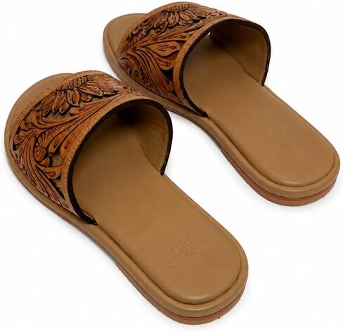 Western Hand Tooled Slide Sandals for Women, Tan Flat Slip On Sandals with Tooled Floral Strap, Cushioned Footbed, Boho Summer Sandals, Casual Open Toe Comfort Slides in Kuwait