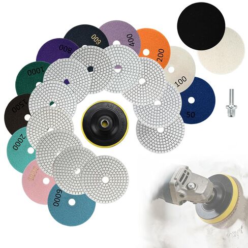 Diamond Polishing Pads Kit, 15 Pieces, 4 Inch, 50-6000 Grits, with Wool Felt Pads, Hook & Loop Backing Pad, M14 Mandrel for Angle Grinder Rotary Polisher Tools in Kuwait