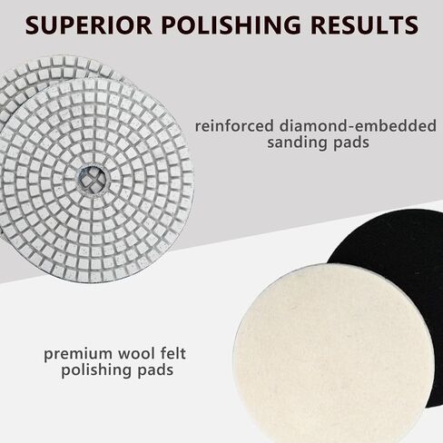 Diamond Polishing Pads Kit, 15 Pieces, 4 Inch, 50-6000 Grits, with Wool Felt Pads, Hook & Loop Backing Pad, M14 Mandrel for Angle Grinder Rotary Polisher Tools in Kuwait