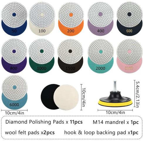 Diamond Polishing Pads Kit, 15 Pieces, 4 Inch, 50-6000 Grits, with Wool Felt Pads, Hook & Loop Backing Pad, M14 Mandrel for Angle Grinder Rotary Polisher Tools in Kuwait