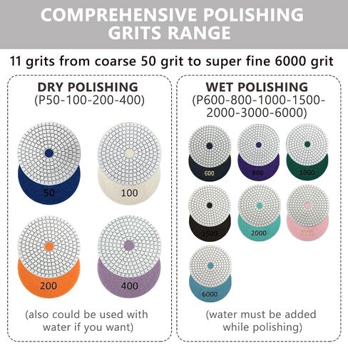 Diamond Polishing Pads Kit, 15 Pieces, 4 Inch, 50-6000 Grits, with Wool Felt Pads, Hook & Loop Backing Pad, M14 Mandrel for Angle Grinder Rotary Polisher Tools in Kuwait