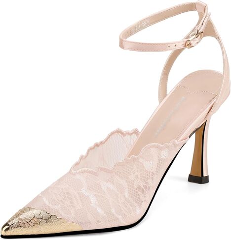 Women’s Lace Pointed Toe Ankle Strap High Heels - Stiletto Heel Pumps with Gold Toe Cap, Bridal Wedding Party Dress Shoes in Kuwait