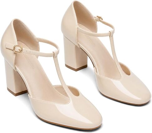 Coutgo Womens Mary Jane Chunky Heels T-Strap Square Closed Toe Pumps Ankle Strap Vintage Work Dress Shoes in Kuwait