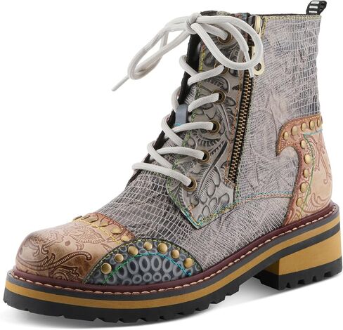 L'Artiste Rugup Leather Combination Booties for Women | Low Heel Ankle Boots for Women with Lace Up and Zipper Closure and Faux Fur Lining in Kuwait