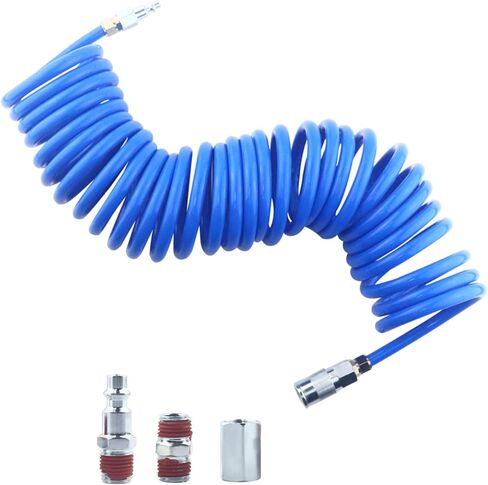 Polyurethane Recoil Air Hose 1/4 in x 25 ft, Air Compressor Hose 1/4 Inner Diameter by 25 Long with Bend Restrictor, 1/4 Industrial Universal Quick Coupler and Plug Kit, Orange in Kuwait