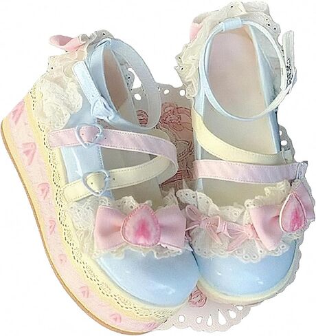 Women Lolita Mary Jane Leather Shoes Goth Round Toe Chunky Platform Heel Lace Knot-Bow Colorful Punk Rock Sweet Kawaii with JK Bubble Princess Dress Demin Skirt Jeans in Kuwait
