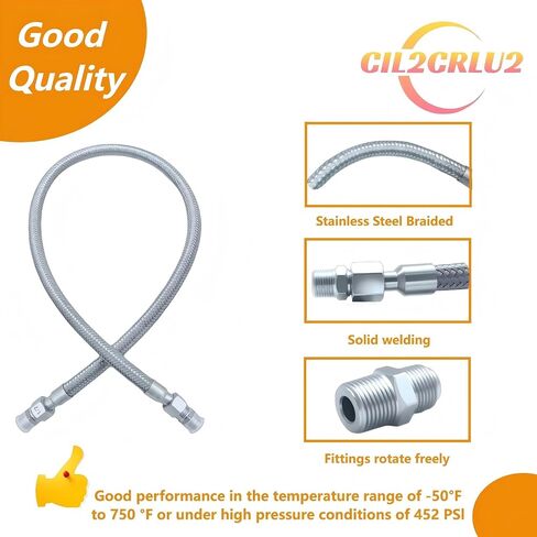 Stainless Steel 1/2" Compressor Jumper Hose,40" Length - 1/2" NPT Rotating Fittings, 750°F & 450 PSI in Kuwait