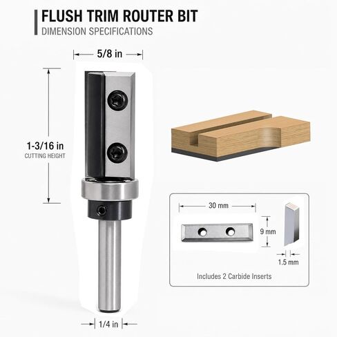 Flush Trim Router Bit 1/4 Inch Shank, 5/8 Inch Dia Pattern Bit with 2 Reversible Carbide Inserts, 1-3/16 Inch Cutting Height for Template Routing, Woodworking and Edge Trimming in Kuwait