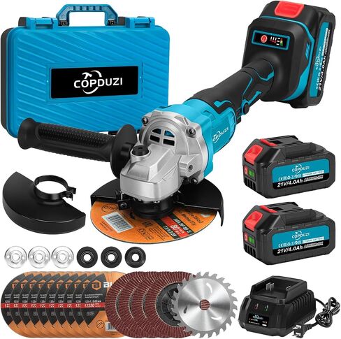 Cordless Angle Grinder 5", 21V Brushless Grinder Tool Kit with 2 x 4.0Ah Battery, 8000RPM Power Amoladora Inalambrica with 15pcs Cutting Discs for Metal Cutting, Grinding, Polishing in Kuwait