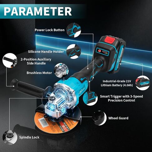 Cordless Angle Grinder 5", 21V Brushless Grinder Tool Kit with 2 x 4.0Ah Battery, 8000RPM Power Amoladora Inalambrica with 15pcs Cutting Discs for Metal Cutting, Grinding, Polishing in Kuwait