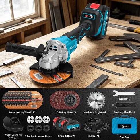 Cordless Angle Grinder 5", 21V Brushless Grinder Tool Kit with 2 x 4.0Ah Battery, 8000RPM Power Amoladora Inalambrica with 15pcs Cutting Discs for Metal Cutting, Grinding, Polishing in Kuwait