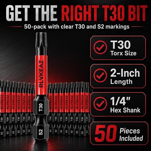 50-Pack T30 Torx Bit, RLVKEAZ 2-Inch Magnetic T30 Bits for Impact Driver | S2 Alloy Steel T30 Star Bits for Drill, CNC-Machined Tips, 1/4-Inch Hex Shank for Decking, Framing, Subfloor Work in Kuwait